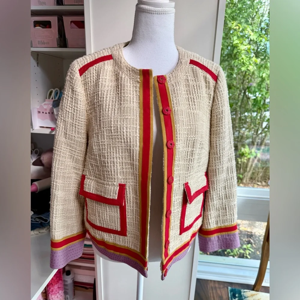 Tory Burch Cream Tweed Jacket with Red, Orange & Purple Trim